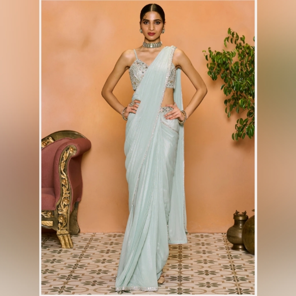Dusty Mint Embroidered Georgette Saree